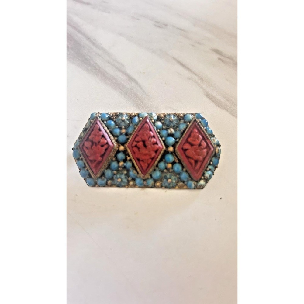 Vintage Nepal Brooch Pin Brass Coral & Turquoise Inlay Tibetan Tribal Jewelry - Picture 6 of 10
